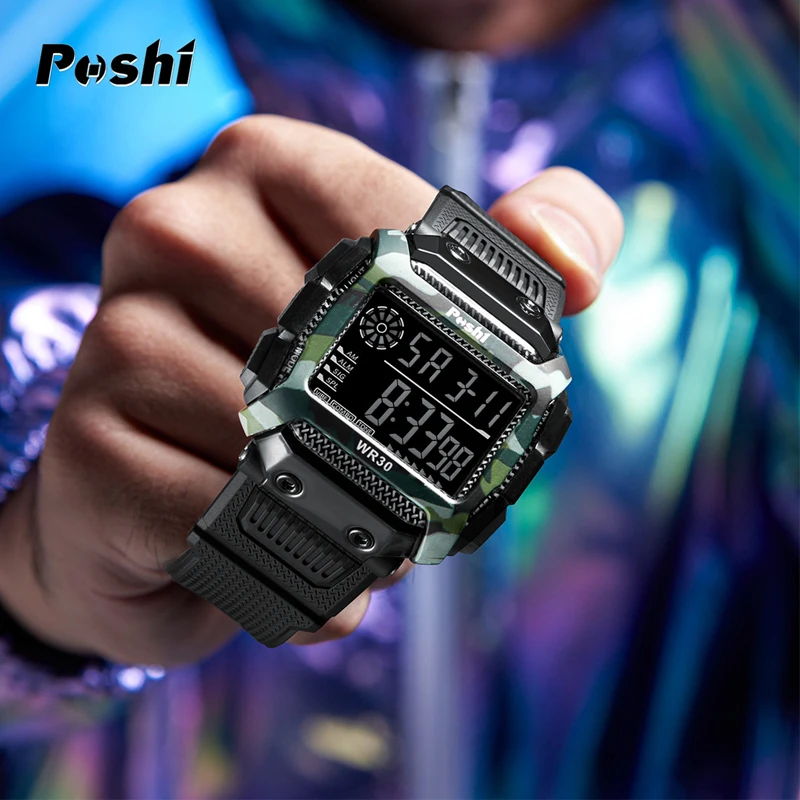 ساعة رياضية POSHI-Outdoor للرجال ، ساعة يد رقمية ، ساعة توقيت ، مقاومة للماء ، مضيئة ، ساعة إلكترونية ، أزياء فاخرة