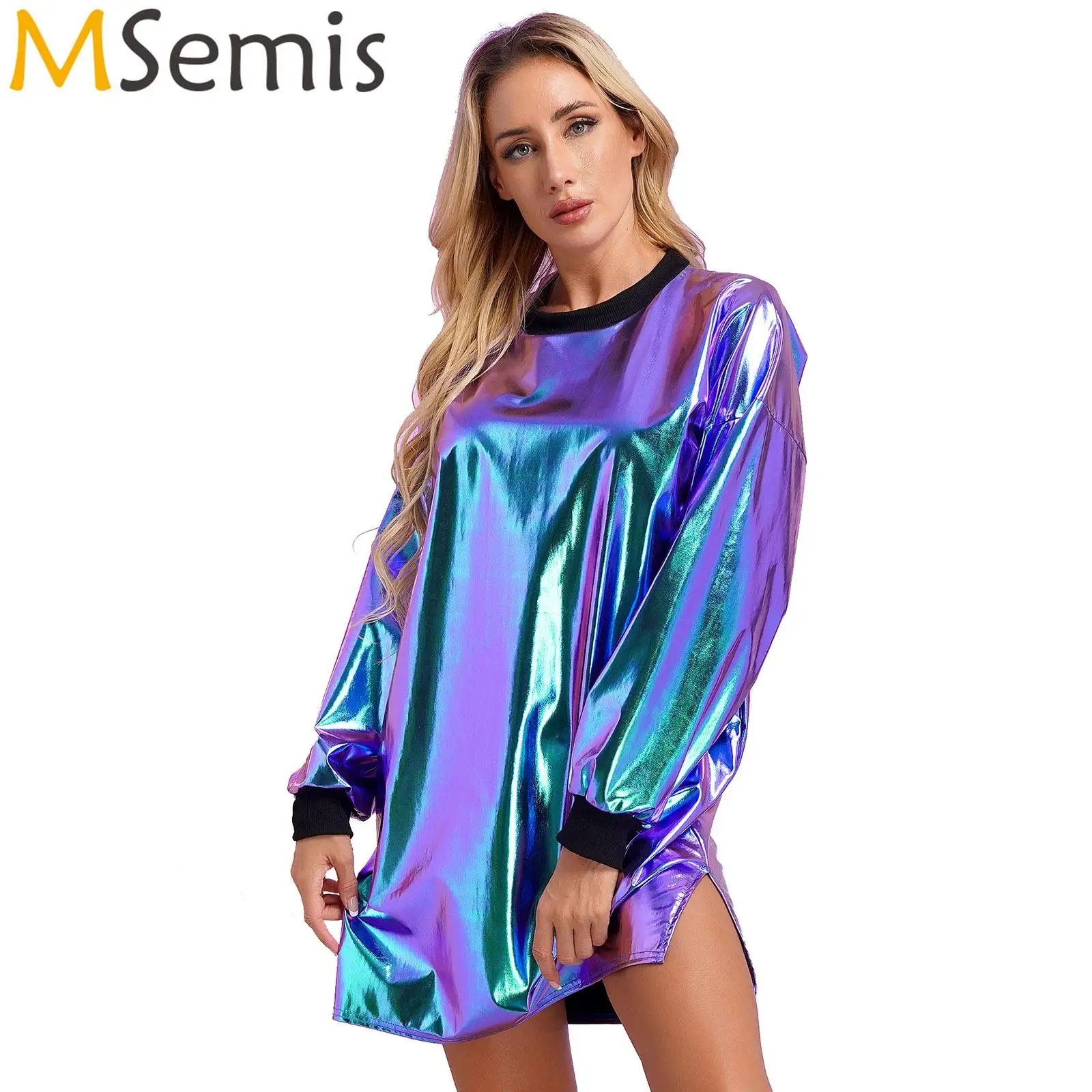 Women’s Metallic Shiny T-shirt Dress Jazz Disco Singer Dance Costume Round Neck Long Sleeve Rib Trims Loose Straight Dress