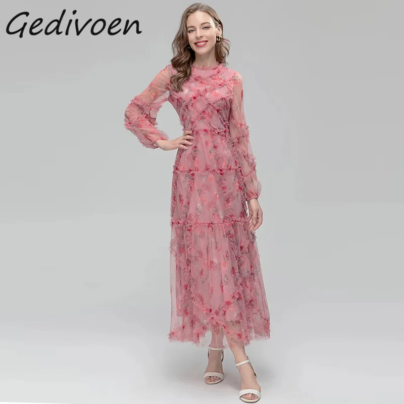

Gedivoen Summer Fashion Runway Vintage Print Mesh Dress Women's O-Neck Ruffles Splicing Party High Waist Temperament Long Dress