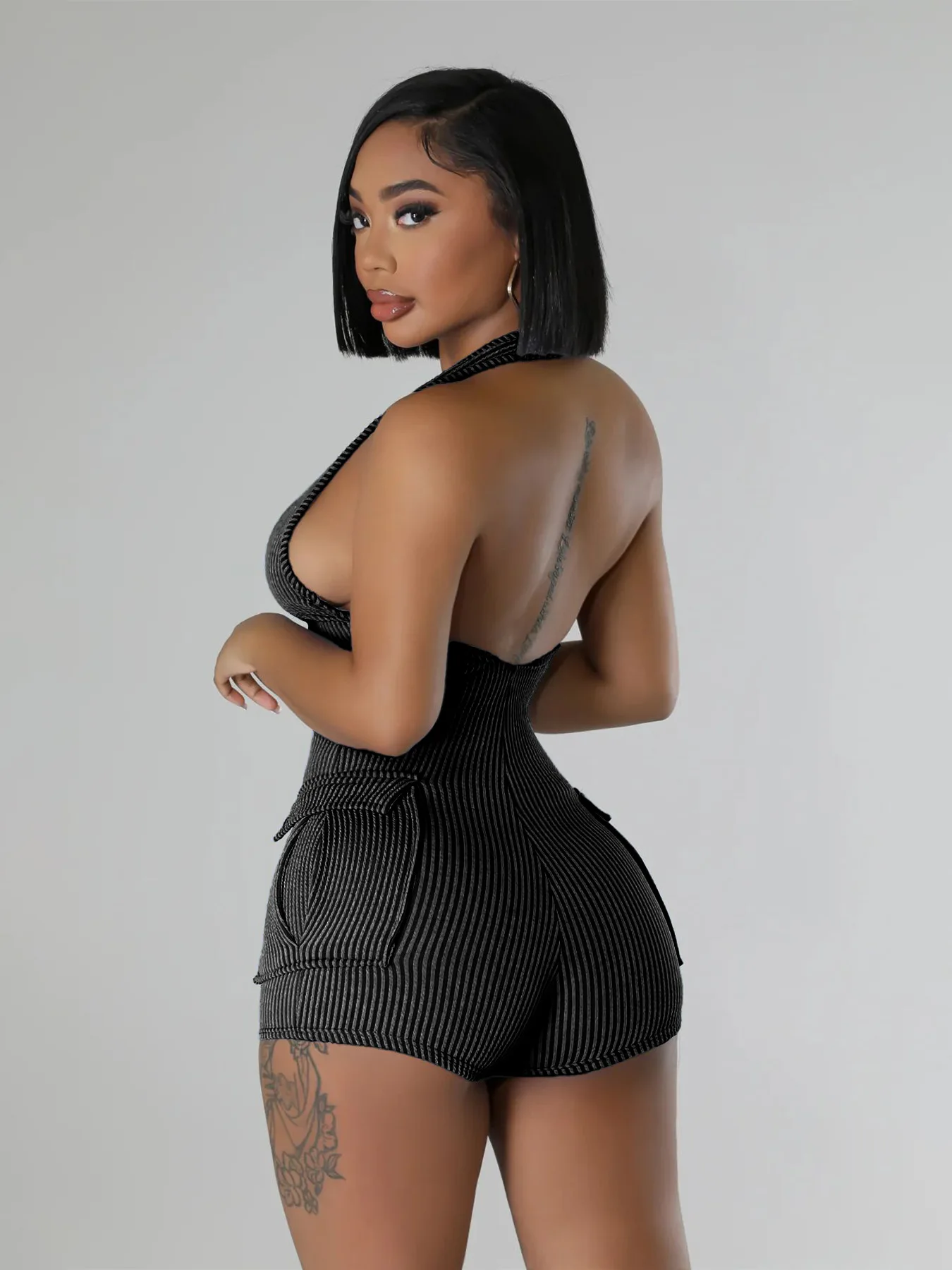 Summer Women Sexy Hanging Neck Hollow Open Back Pocket Slim Fit Jumpsuit Solid Color Sleeveless Skinny Ribbed Short Rompers