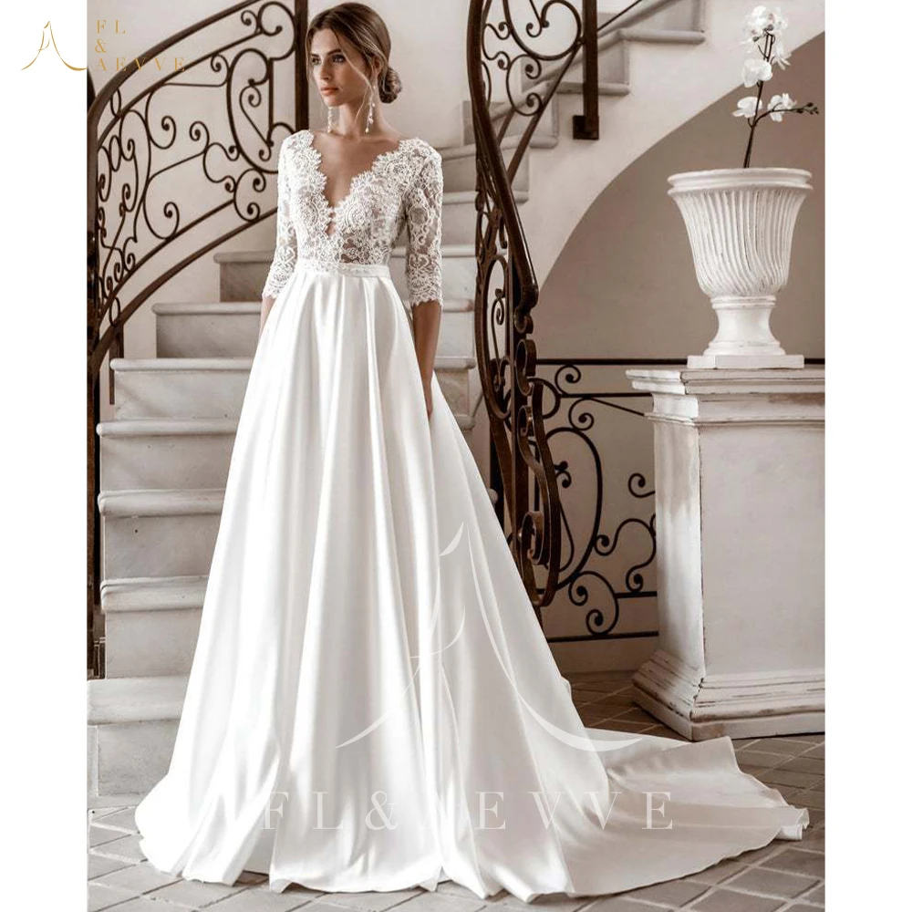 

Ivory Satin Wedding Dresses Guest Wedding Party Dress V Neck Long Sleeve Elegant Party Dresses for Women 2024 Bride Gowns Womens