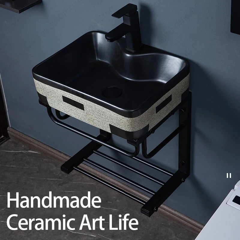 Ceramic Vessel Sink Wall Mounted Porcelain Sink With Stainless Steel Stand Bathroom Balcony Wall Hang Washing Basin With Support 2