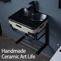 Ceramic Vessel Sink Wall Mounted Porcelain Sink With Stainless Steel Stand Bathroom Balcony Wall Hang Washing Basin With Support 2
