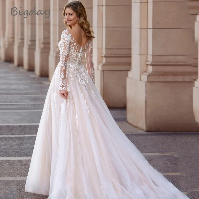 Elegant V-Neck Wedding Dresses Plus Size Lace Long Sleeve Women White Open Back Bridal Gown Train Vestidos De Novia Customized 4