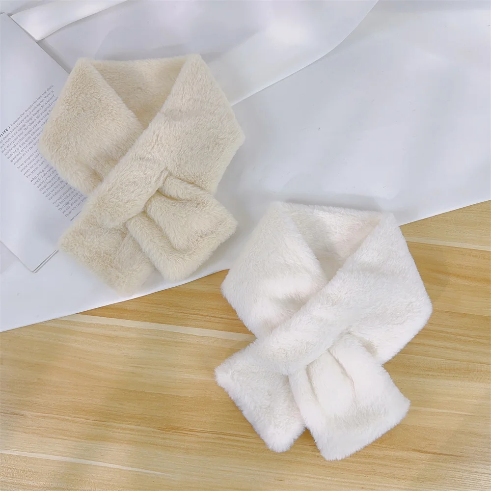 Winter Plush Scarf For Women Autumn Cute Thickened Warm Faux Fur Cross Scarves Girls Soft Neck Ring Scarf Korean Style