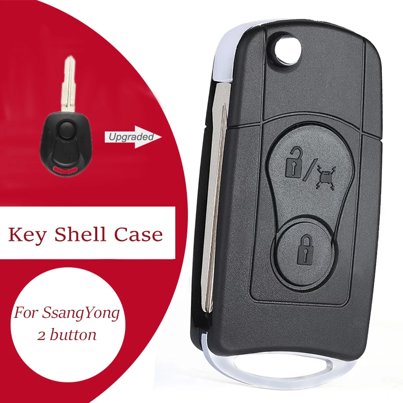 

KEYECU 2 Buttons Modified Flip Folding Remote Car Key Case For SsangYong Actyon Kyron Rexton Key Shell Case Blank Uncut Blade