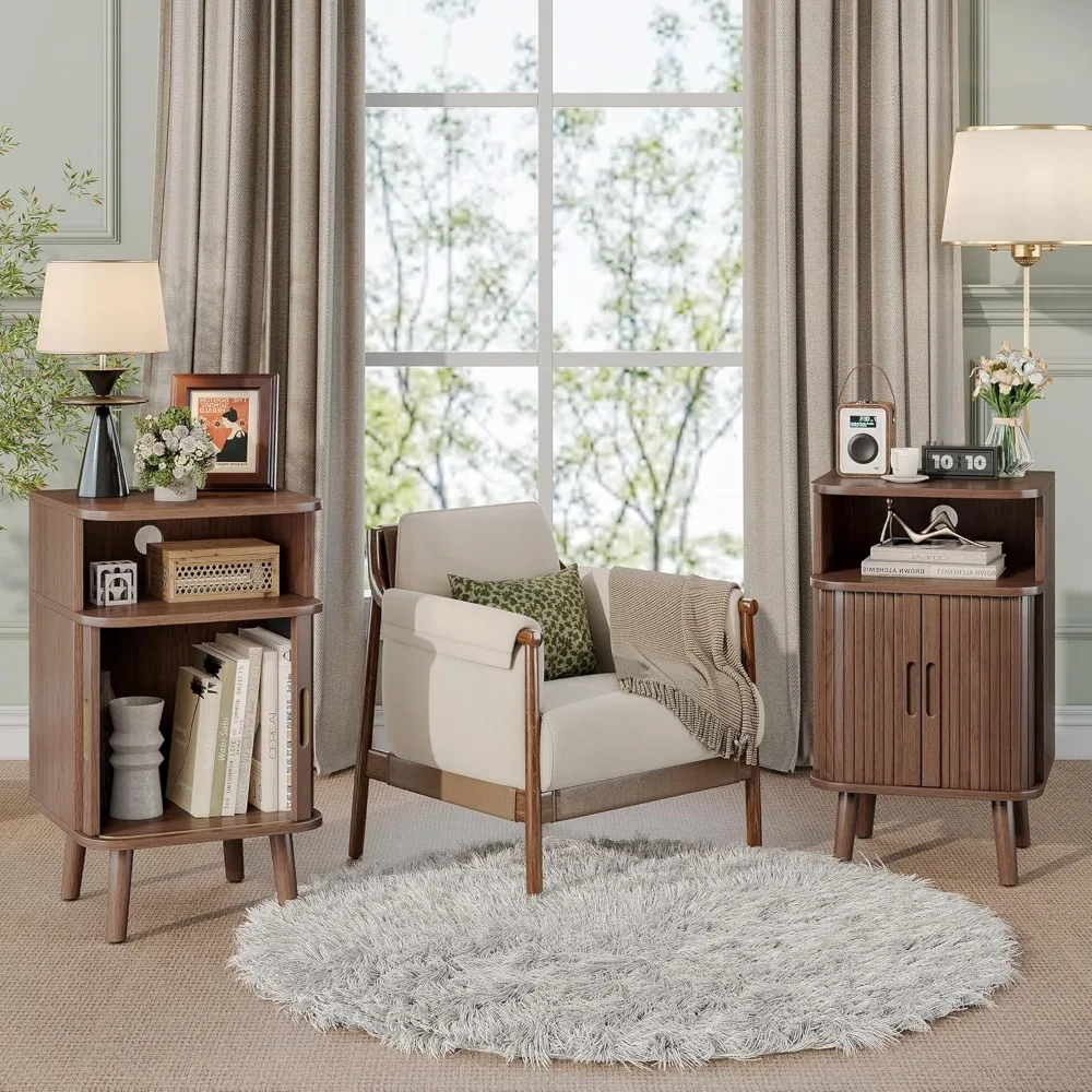 End Table Set with Charging Station, Mid Century Modern Fluted Nightstands with Sliding Tambour Doors, Curved Accent Wood Side 6