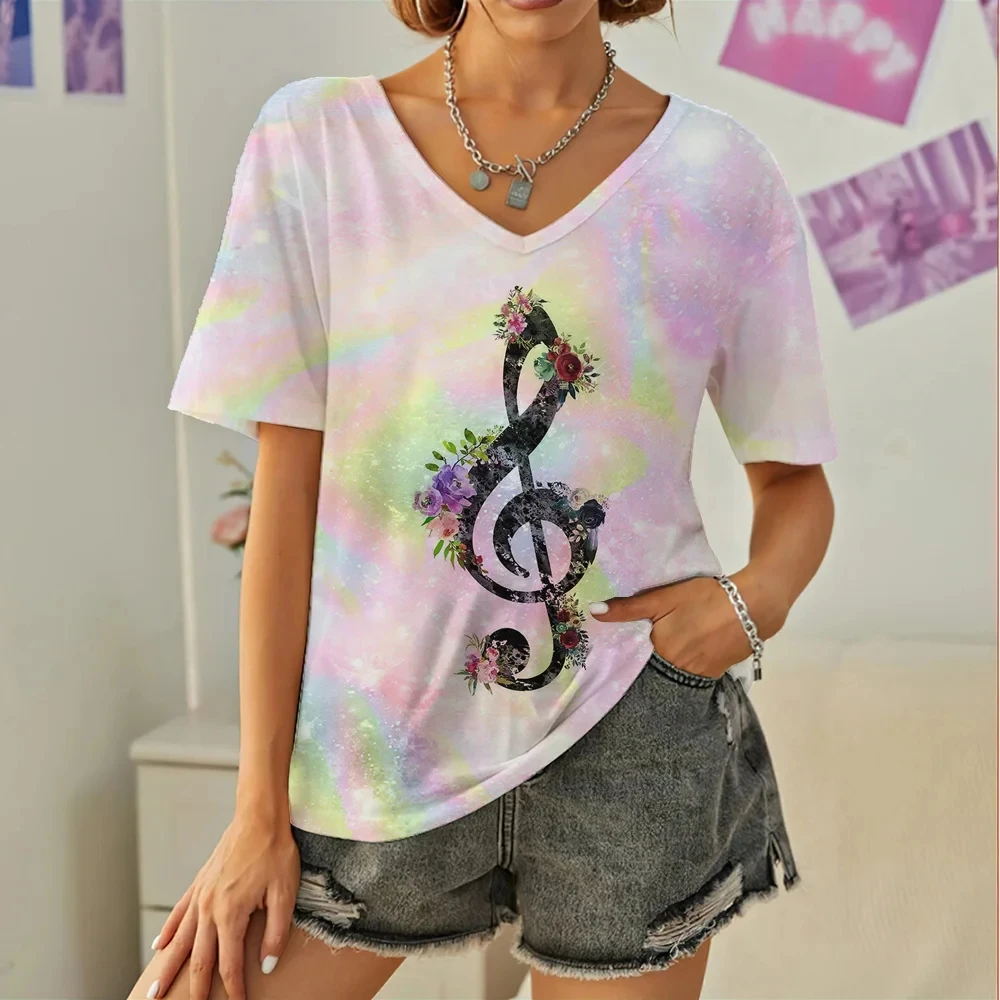 

2024 Refreshing Summer Fashion Women's Clothing Colorful Note Pattern T-Shirt 3d Printed V-Neck Sports Casual Short Sleeved Top