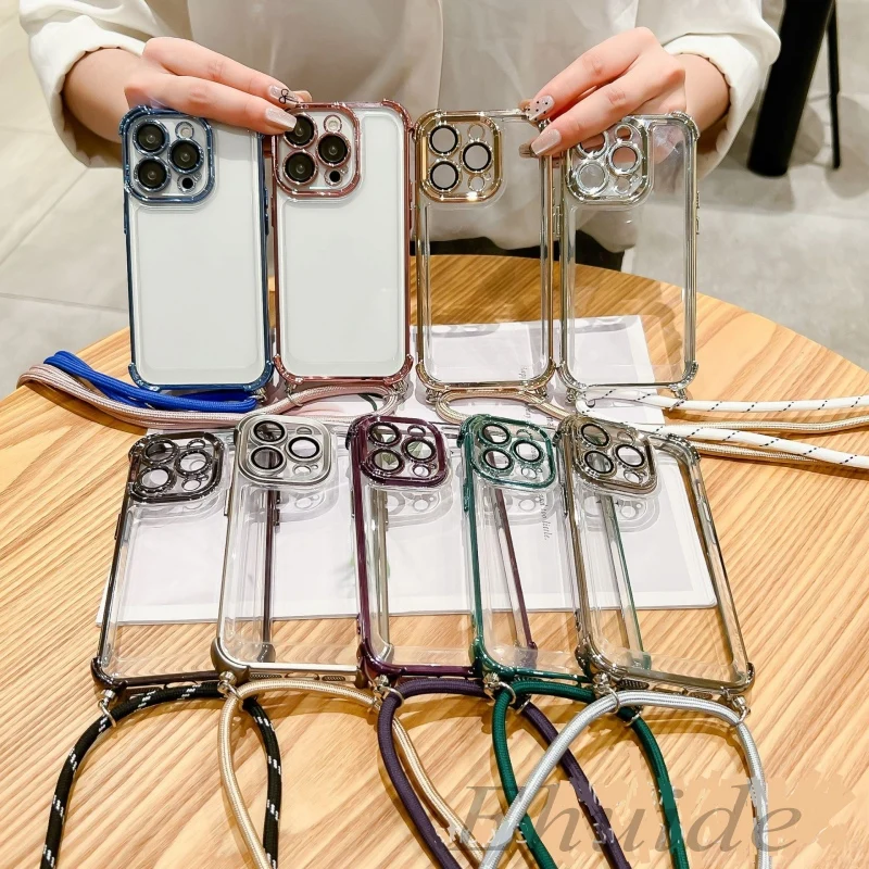 Elegant Crossbody Lanyard Plating Case - Silicone Soft TPU Clear Back Cover