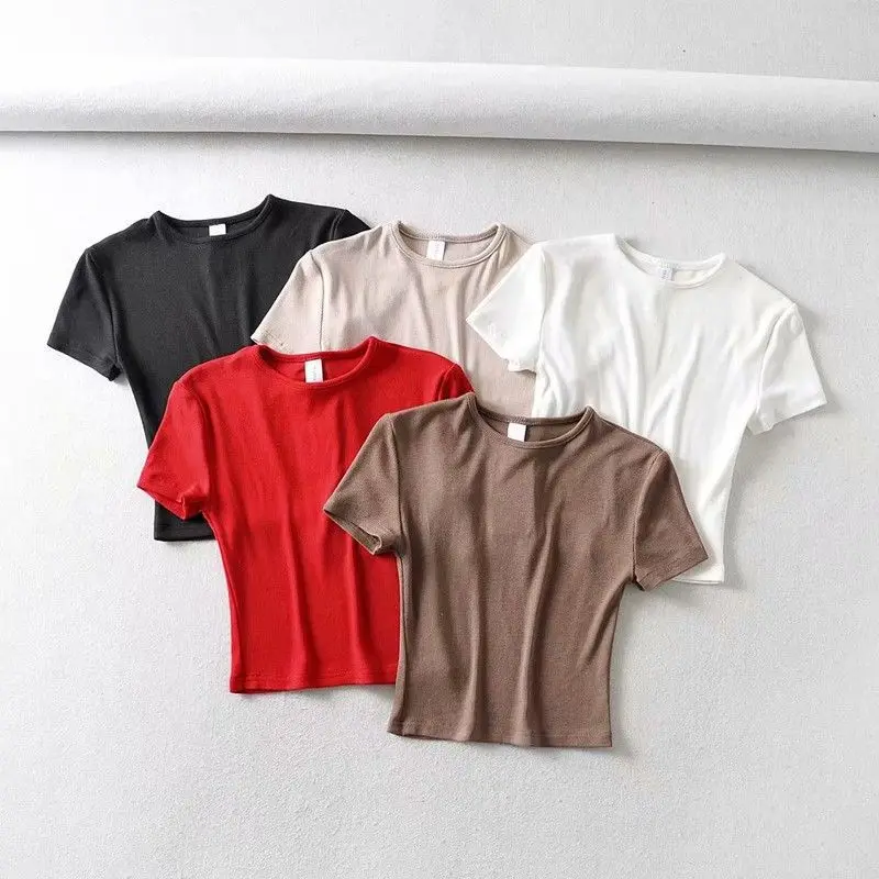 Moda Casual 2023 Estate Donna Slim Fit t-shirt attillata in cotone a maniche corte O-Collo tee Crop Tops688_voghion.com