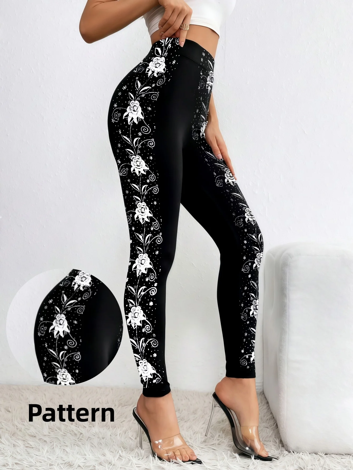 1PC Women's Side Hot Silver Rose Print Fashion Shiny Sparkling Tight Leggings/Pantyhose - Everyday Casual Party Club Wear 2