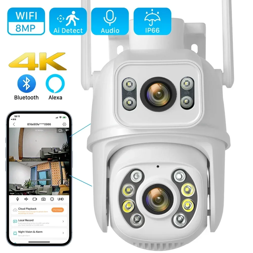 

IP-камера облачная, 8 Мп, 4K, Wi-Fi, PTZ, два объектива