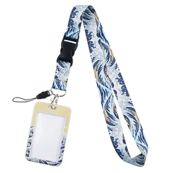 Credential holder Japanese Art Waves Lanyard Credit Card ID Badge Holder KeyRing Bag Student Travel Bank Bus Card Cover Keychain
