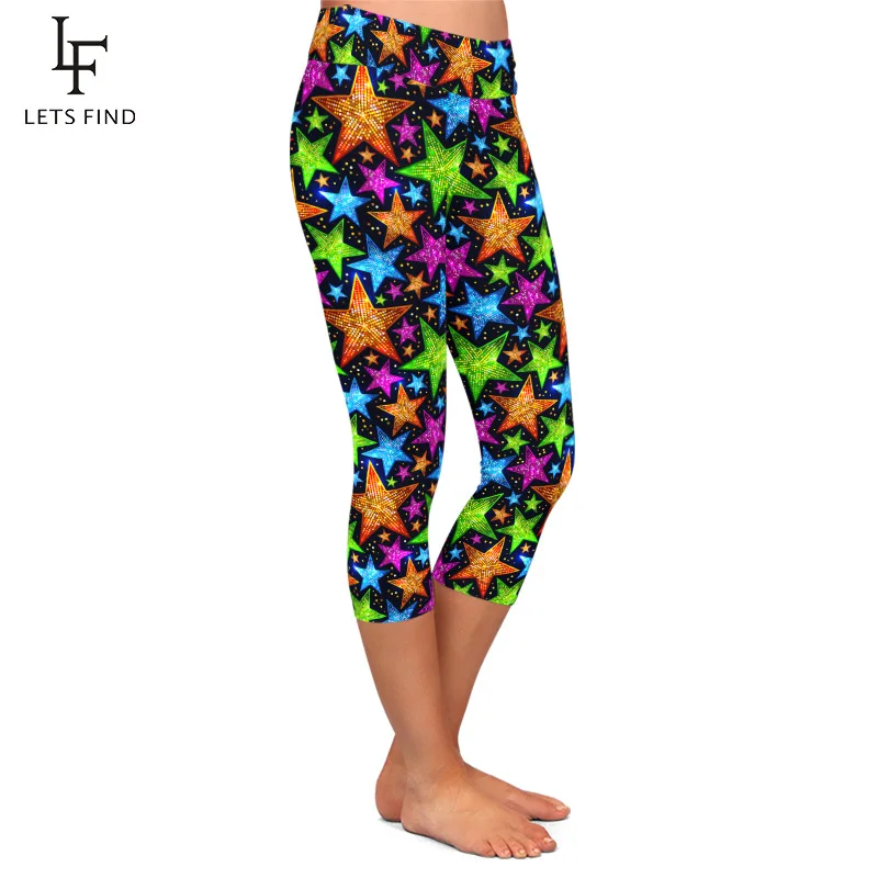 LETSFIND 2020 New Glitter Stars Printing Women Capri Leggings High Elastic High Waist Fitness Slim Mid-Calf Leggings