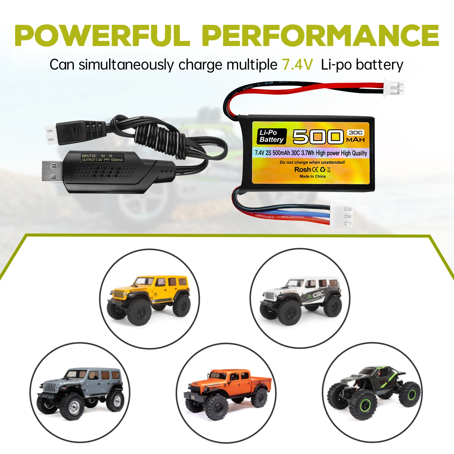 Batteria Lipo 7.4V 500mAh 30C Con PH2.0 E Cavo USB Per Auto RC AX24 SCX24 - Compatibile 1/10 1/16 1/18 1/24 - 4