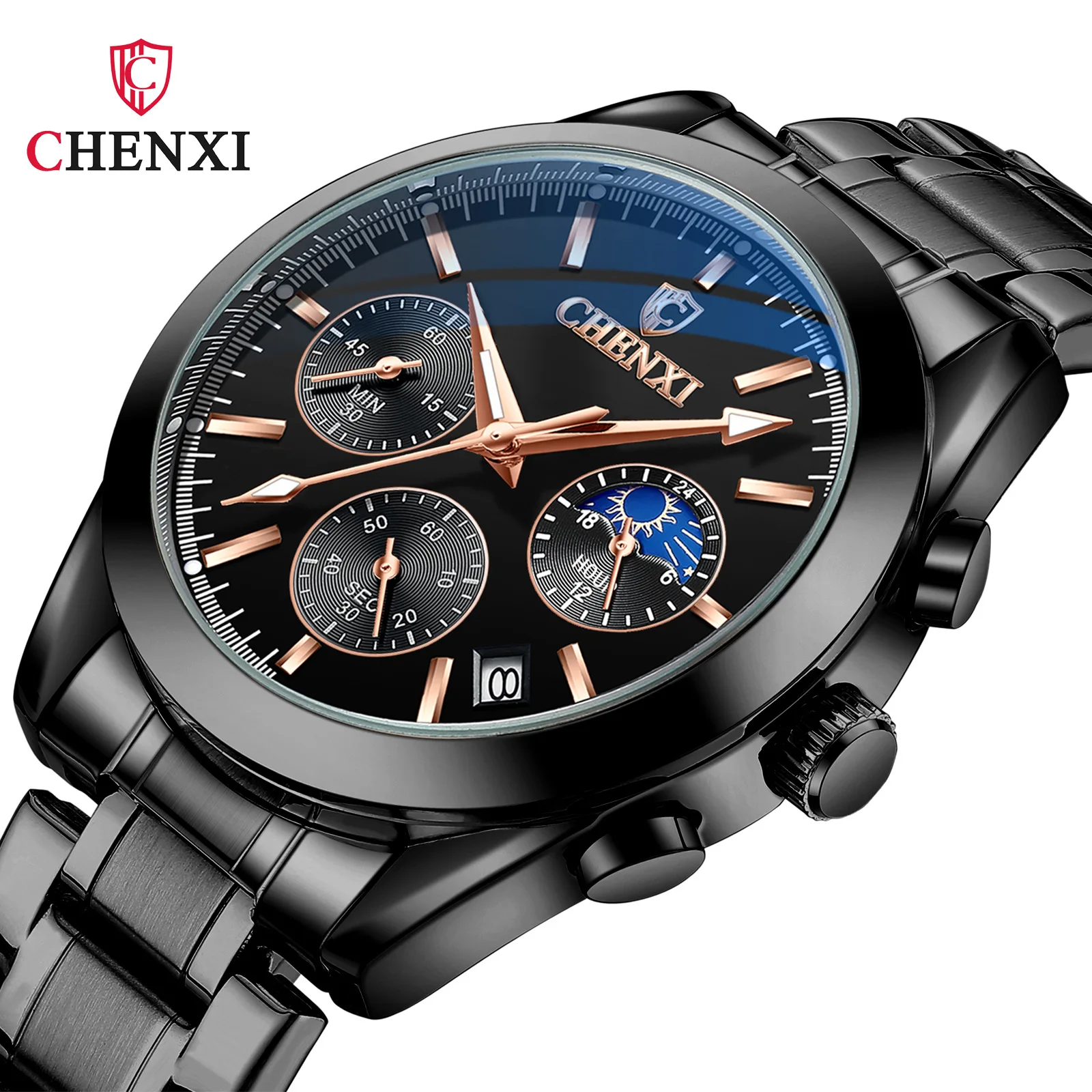 CHENXI Men's Watch Black Stainless Steel Band Multi Functional Lunar Phase Timing Calendar Quartz Watch Men Wristwatches