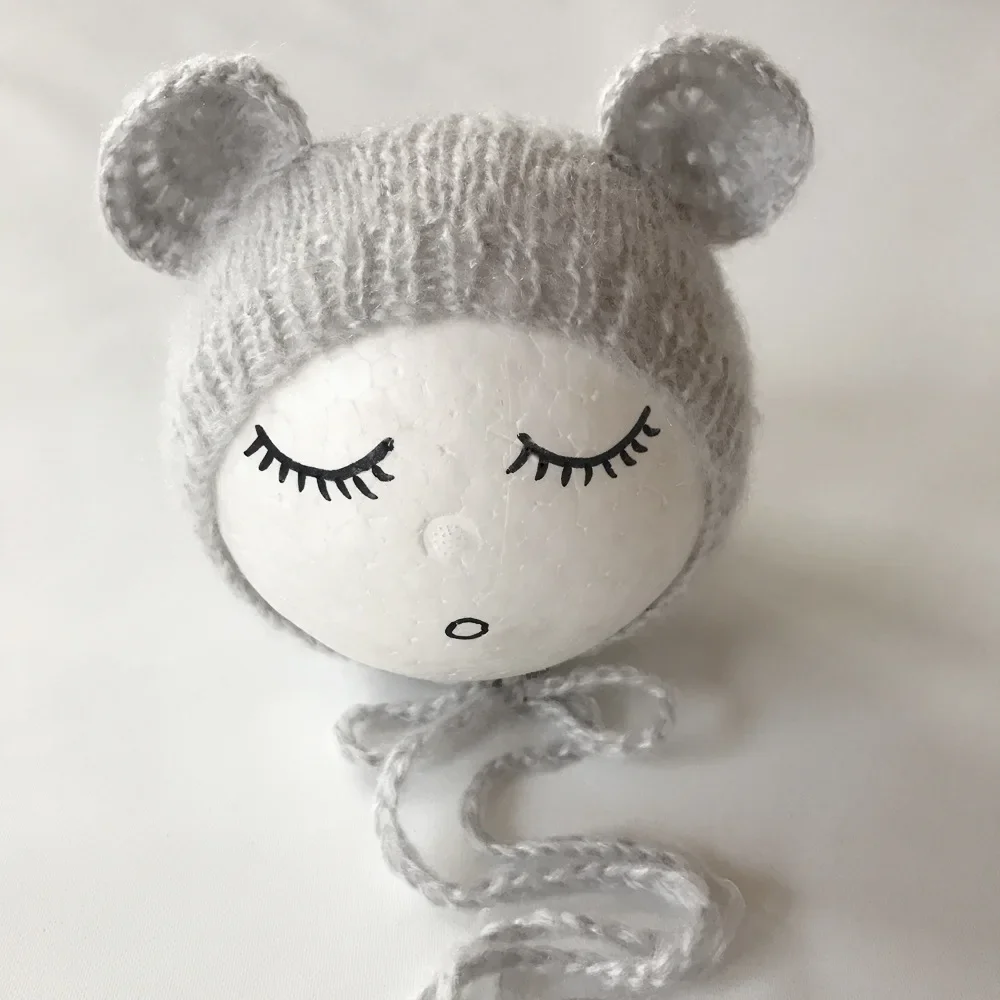 Newborn Mohair Ear Bear Hat Bonnet Baby Infant  Photography Props Cap Gorro Bebe Handmade Knitted Hats Photo Accessories