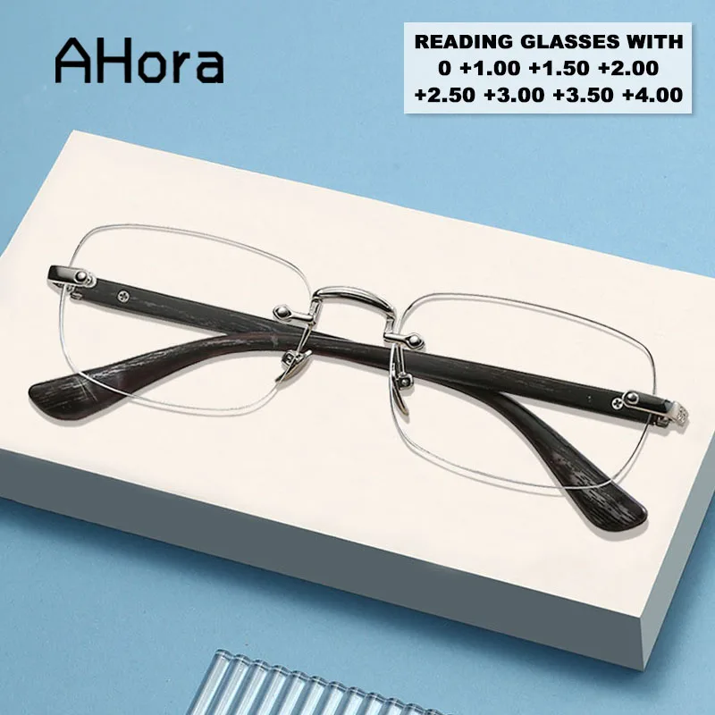 

Ahora Men Rimless Business Reading Glasses Frame Presbyopia Retro Vintage Eyeglasses Anti Blue Light With Diopter +1.5+2.0+2.5