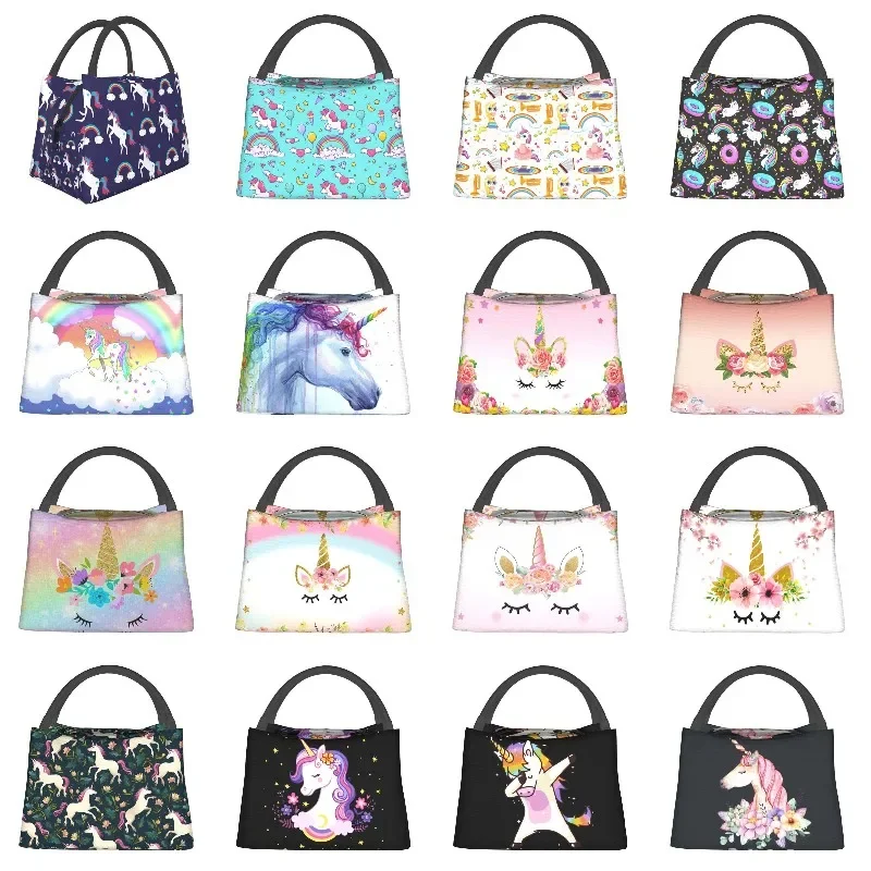 

Custom Cartoon Unicorns Rainbows Lunch Bags Men Women Warm Cooler Insulated Lunch Boxes for Office Travel