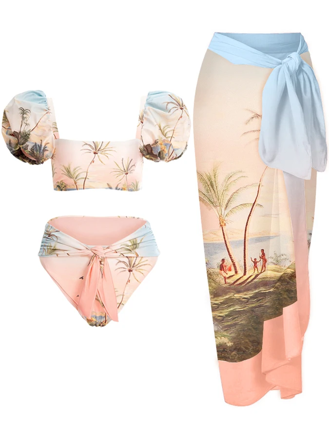 

Vintage Gradient Print Puff Sleeve Bikini Set Fashion Swimwear Summer Bathing Suits and Cover Up Boho Clothes Beach Style 2023