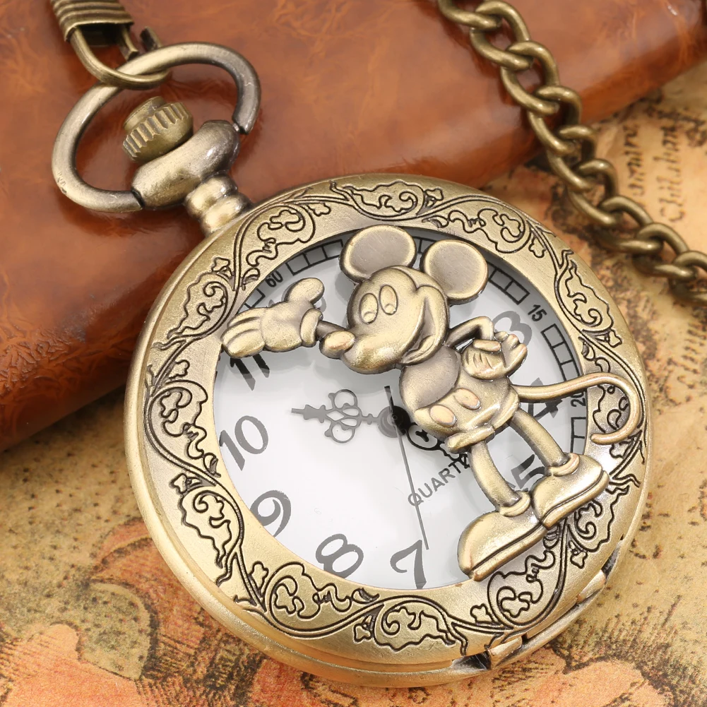 Altmodische Comic Cartoon Bronze Maus Muster Quarz Taschenuhr Halskette Anhänger FOB Antike Uhr mit 80cm/30cm Kette – Detail 10