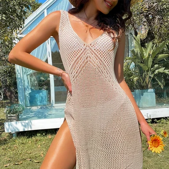 Sexy Style Solid Color Backless Slip Dress Women Vacation See-Through Swimsuit Cover Up Knitting High Slit Beach Dress