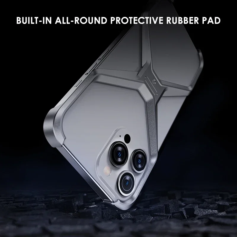 For iPhone 14 15 Pro Max Case Aluminum Alloy X Type Removable Rimless Phone Cases Metal Heat Dissipation shockproof Armor Cover
