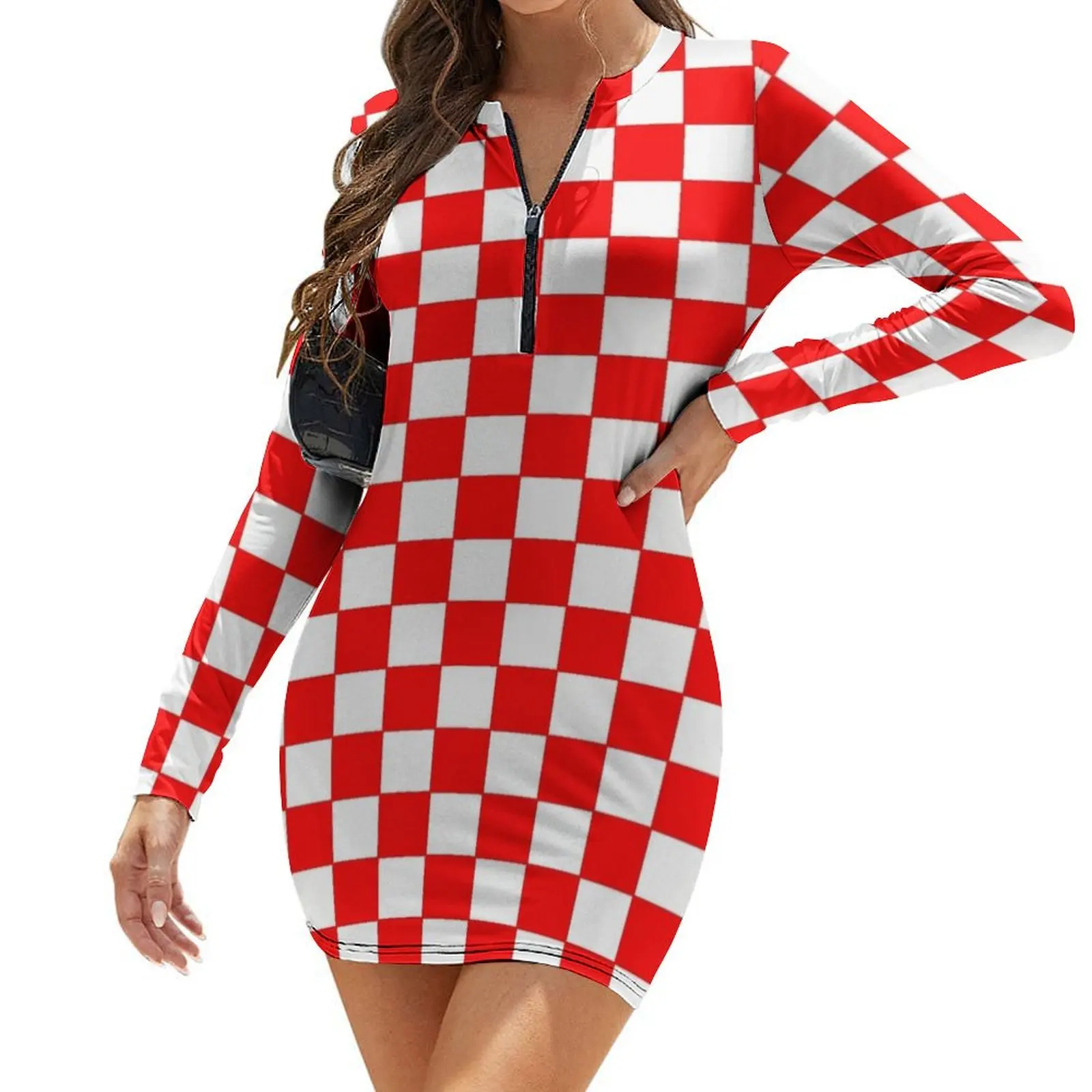 

Checkers - Red and White Long-Sleeve Bodycon Dress elegant evening dresses for women 2024 Bride dresses