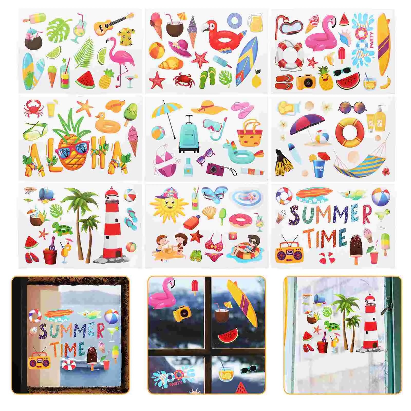 9 Sheets Summer Party Stickers Hawaiian Window Clings Static Glass Decals Cartoon Wall Stickers Ocean Decor Home Decor Summer