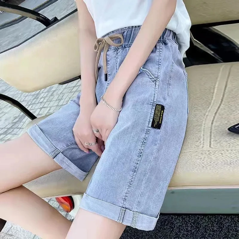 Plus Size Denim Women's Shorts 2024 Summer New Solid Thin Elastic Waist Curled Loose Casual Straight Leg Pants Ropa De Mujer