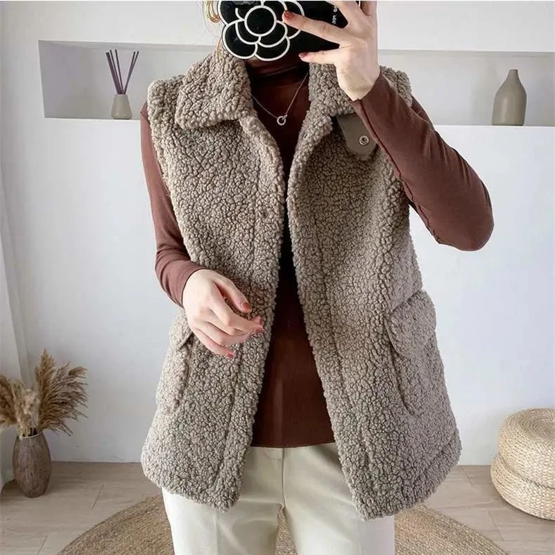 

Autumn Winter Vest Coat Women Faux Lamb Wool Thick Velvet Vest Jacket Female 2022Ladies Korean Outwear Waistcoat Warm Vest Tops