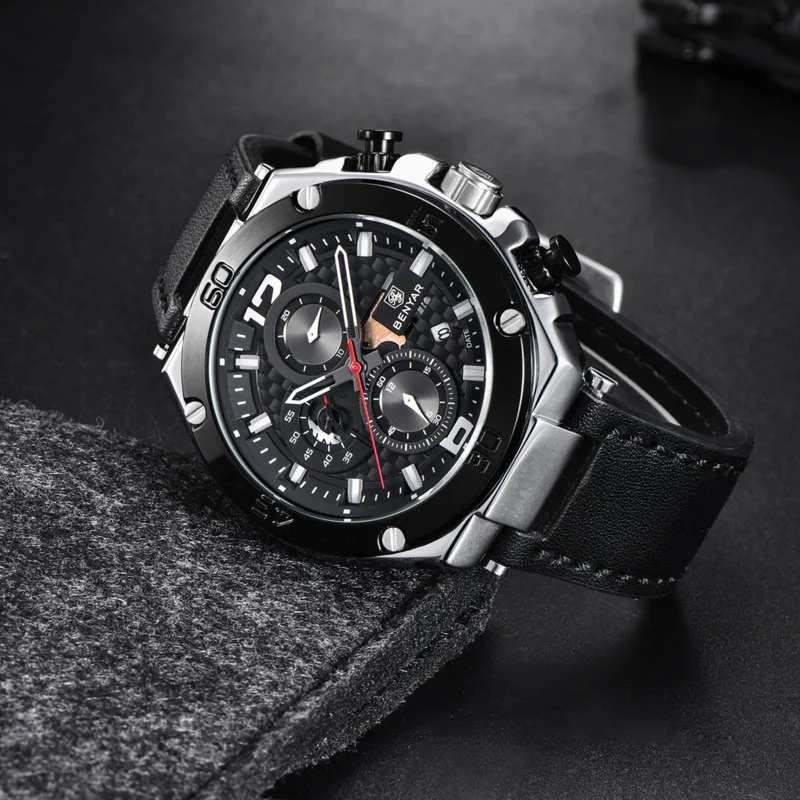 BENYAR Watch For Men Fashion Sports Chronograph Top Brand Luxury Quartz Watch Leather Strap Mens Quartz Watch Relogios Masculino