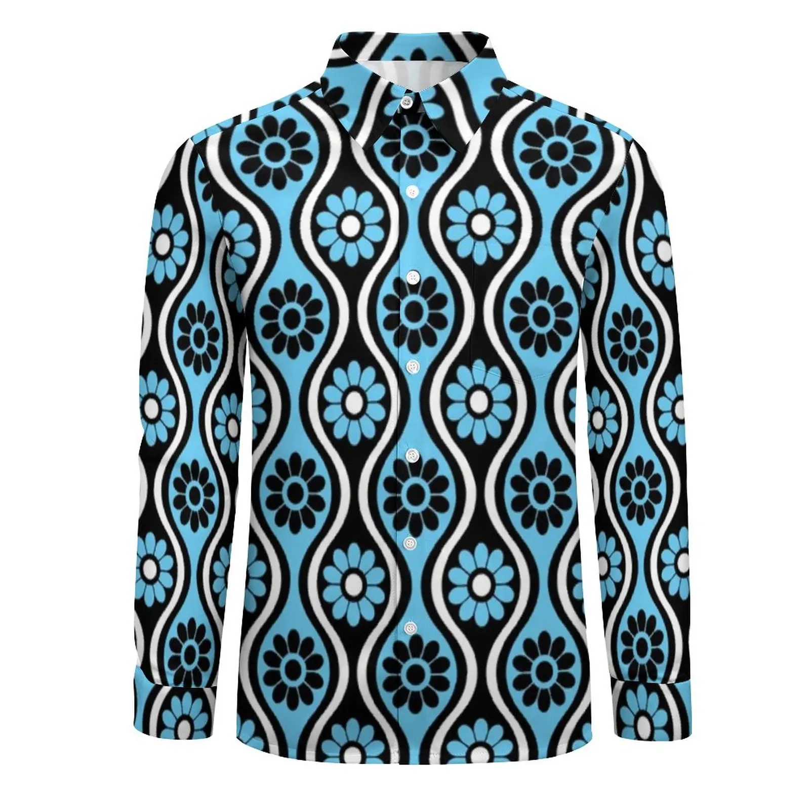 Retro 70S Style Casual Shirts Mens Vintage Blue Pattern