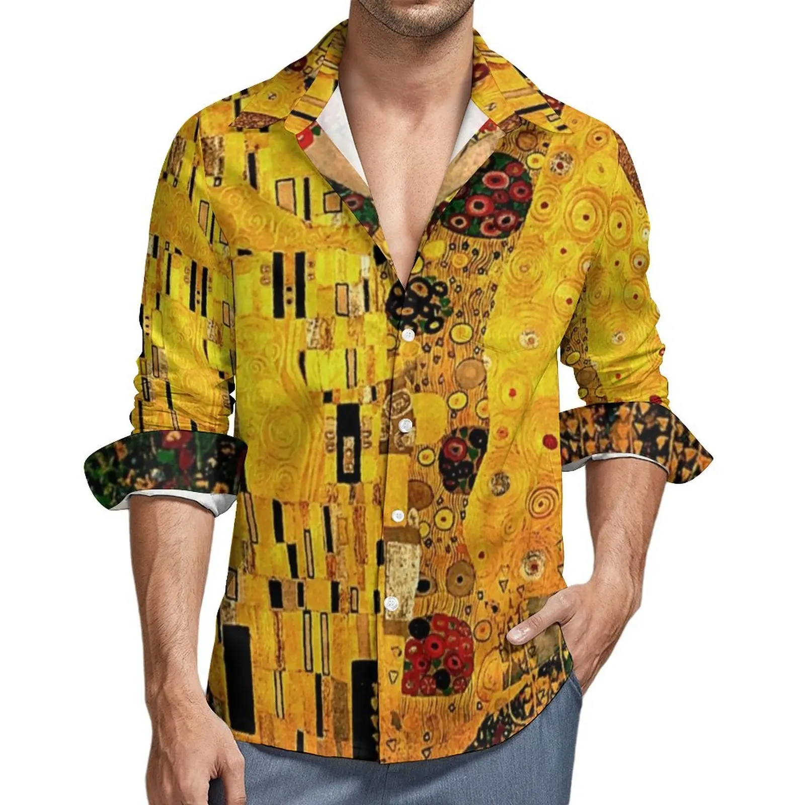 

Gustav Klimt Shirt Autumn The Kiss Print Casual Shirts Male Vintage Blouse Long Sleeve Graphic Harajuku Tops Plus Size