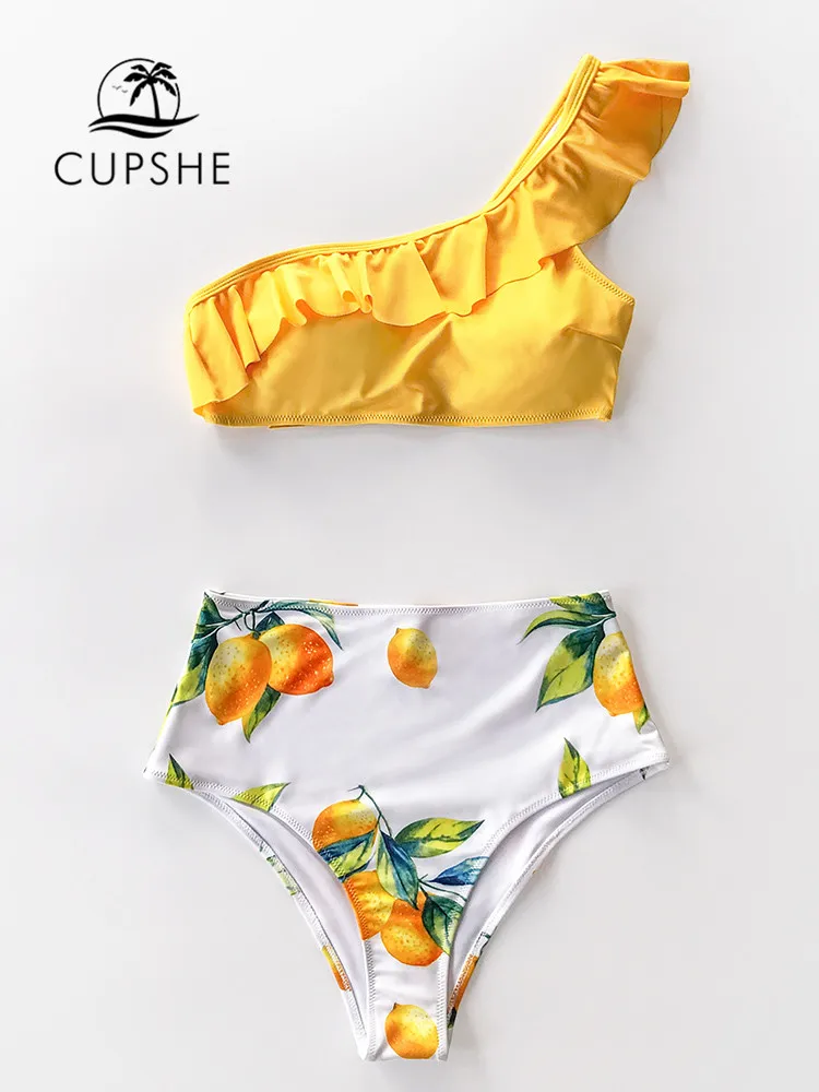 Cupshe Yellow Lemon Print One Shoulder Highwaisted Bikini Sets Sexy Swimsuit Two Pieces