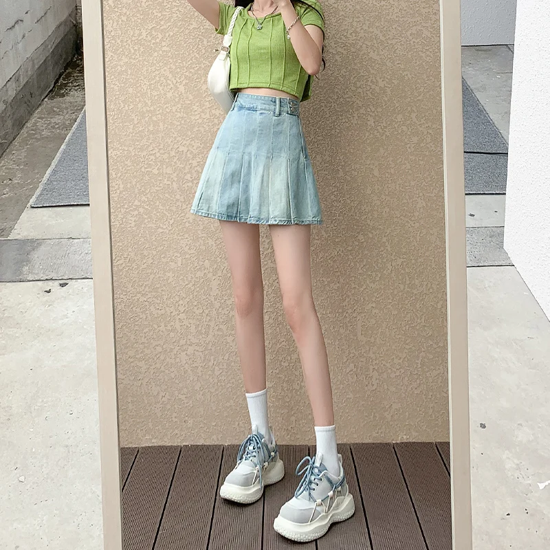 New Fashion Retro Denim Shorts Skirt Streetwear Summer Short Pleated Skirts Sexy High Waist Casual Vintage Jeans Skirts Female