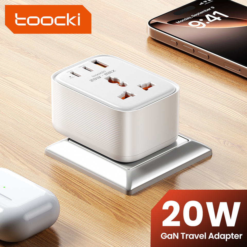 Toocki Universal Travel Adapter GaN 20W Power Strip Socket 1AC 1USB 2 Type C Fast Charger for iPhone Samsung DE/US/UK/India Plug