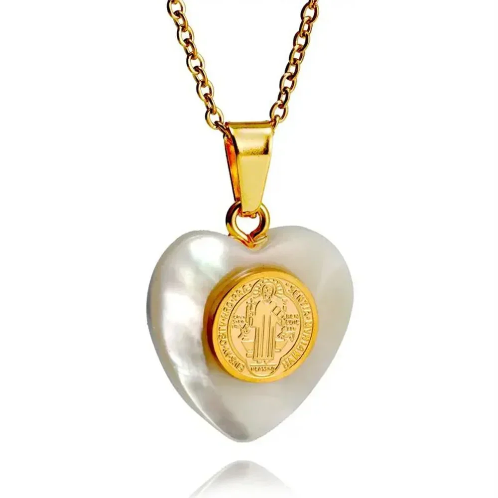 

Fashion Stainless Steel Saint Benedict Exorcist Father Religious Pendant Necklace Retro Women's Peach Heart Conch Jewelry Gift