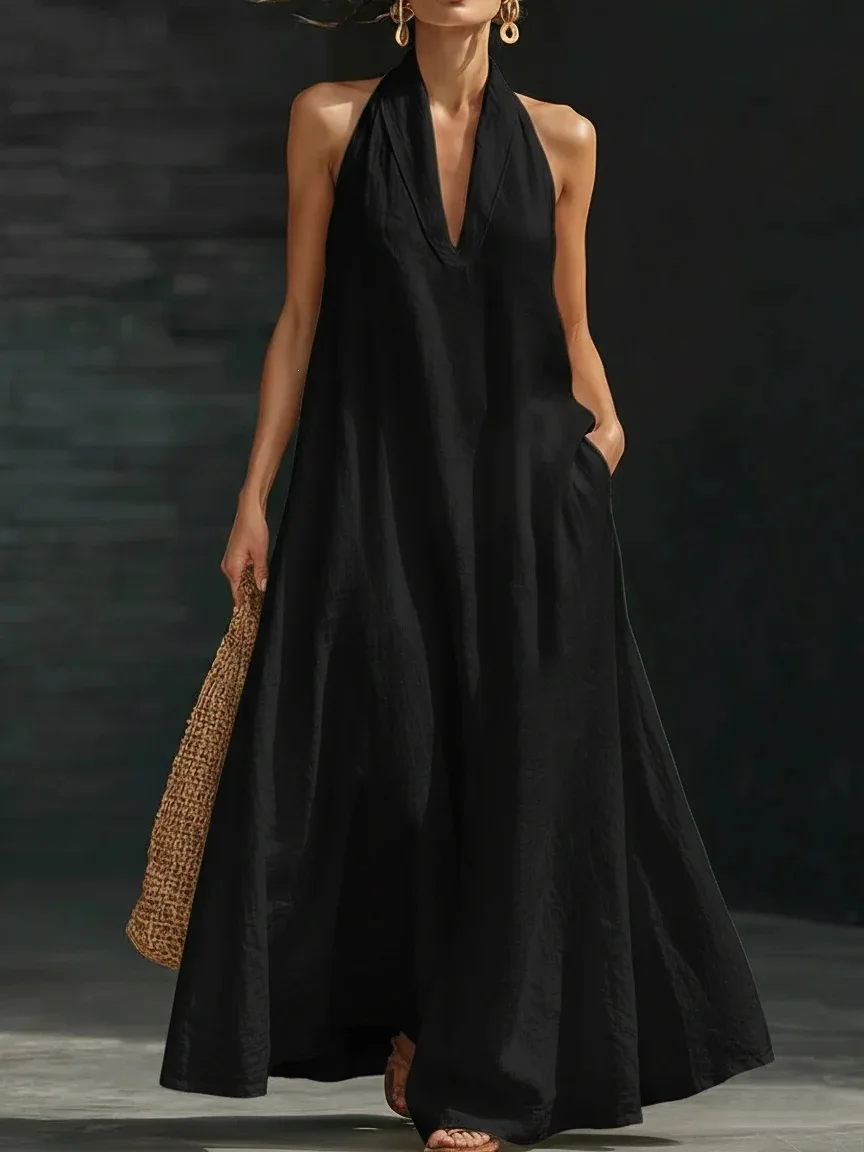Europäisches und amerikanisches neues lässiges Resort-Kleid für Damen, ärmellos, atmungsaktiv, einfarbig, V-Ausschnitt, Frühjahr/Sommer 2026