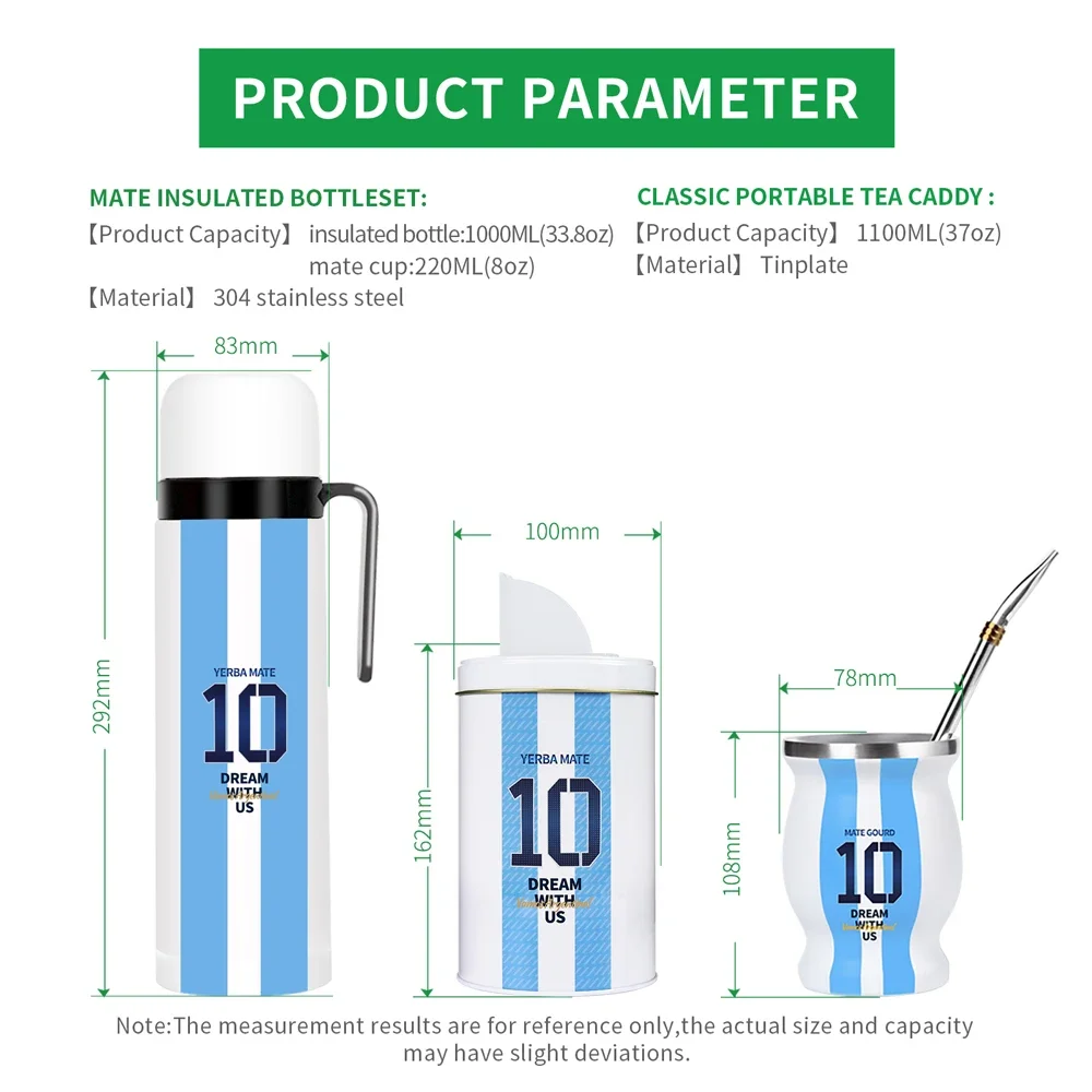 Complete Yerba Mate Kit-Includes Mate Cup, Straw (Bombilla), 1000ml Thermos, Bag, Container Yerbero-Argentina Captain NO.10