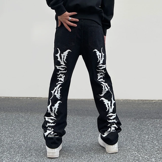 graffiti print jeans high Street Jeans Men Black Stretch Slim Fit Printed  Casual Denim Jeans Pants Hip Hop Dance Jeans Black - AliExpress