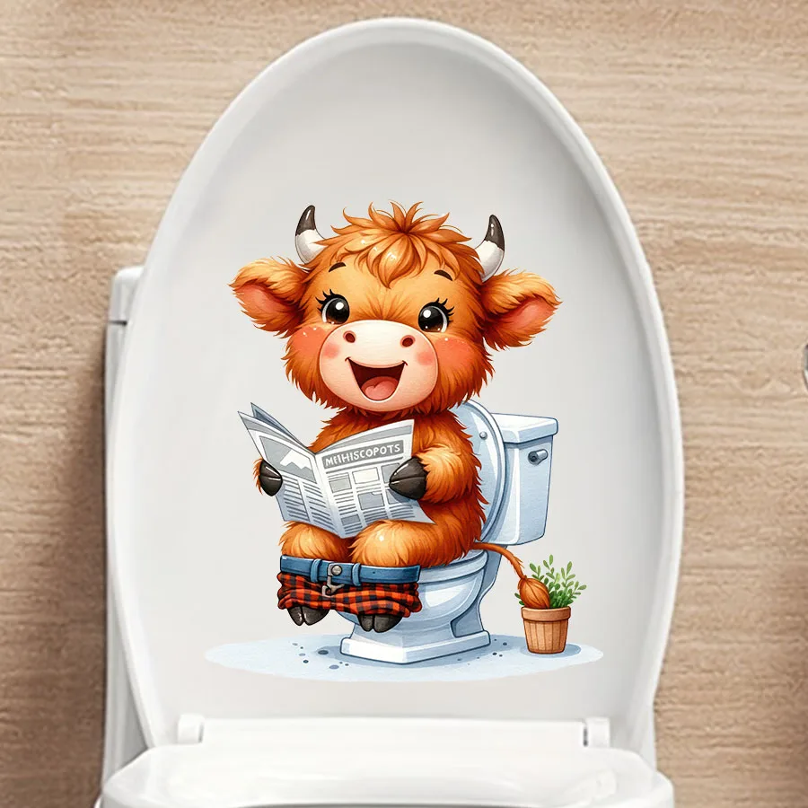 Highland Cow Reading Newspaper Toilet Sticker Toilet Seat Tank Bathroom Wall Glass Sticker Home Decoration Decal