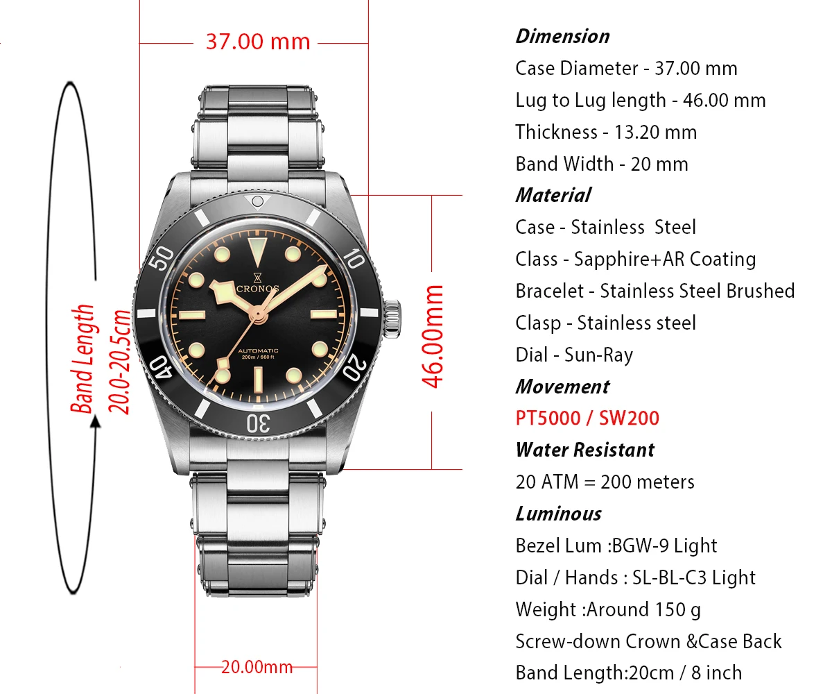 Cronos-男性用防水ダイブウォッチ、自動移動、高級時計、ファッション  