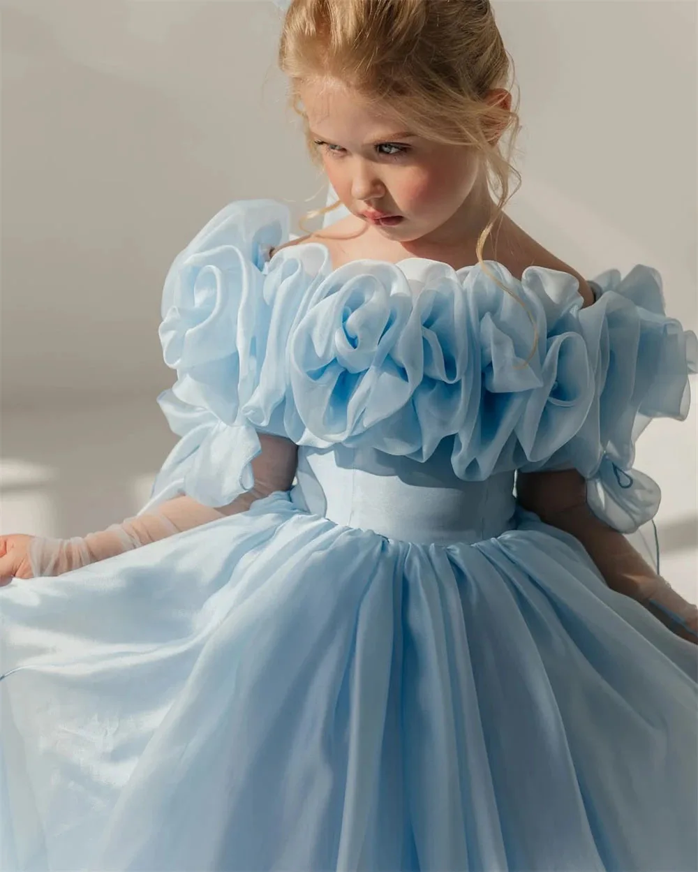 فساتين فتاة الزهور الزرقاء السماوية المخصصة لحفلات...