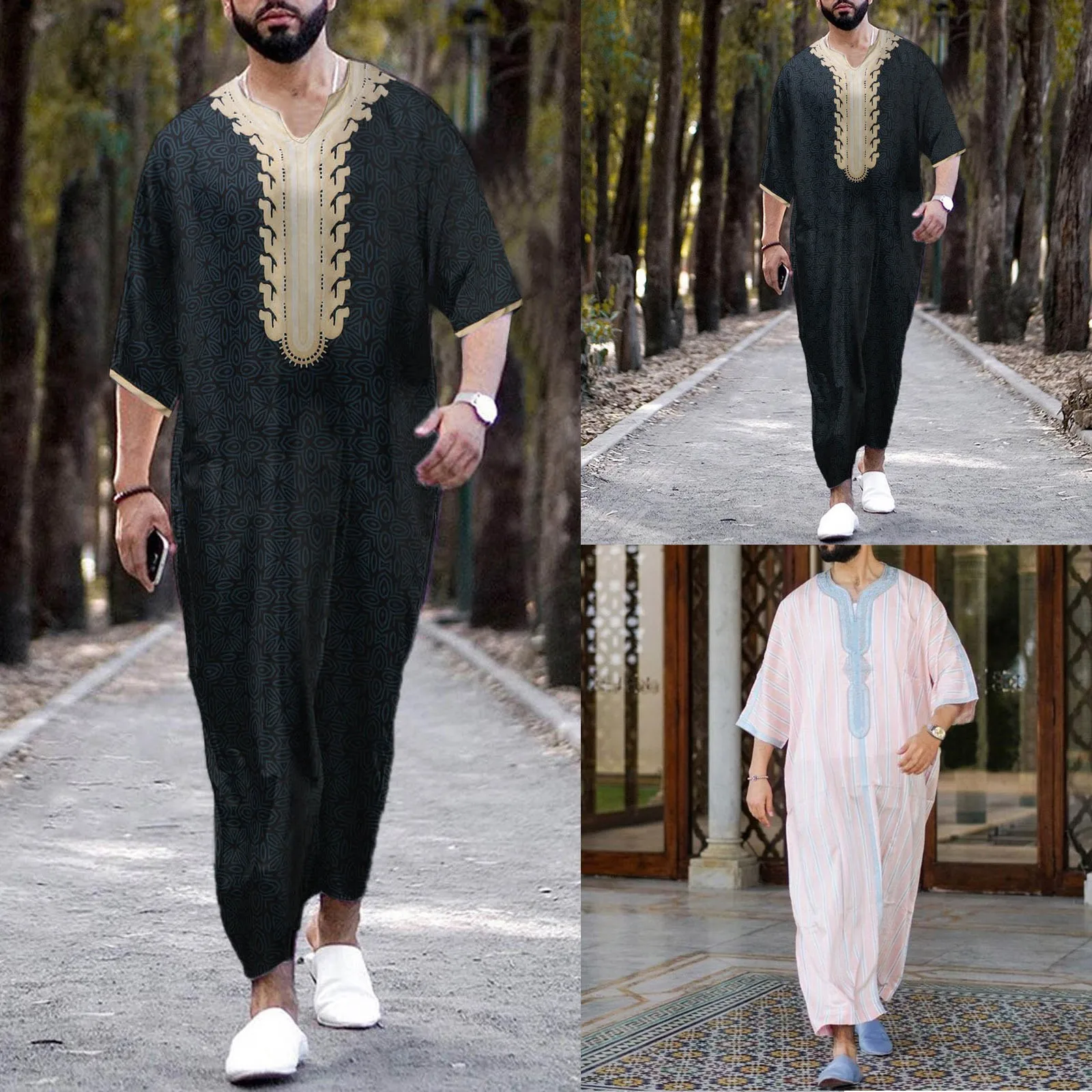Men\'S Short-Sleeved Muslim Clothing Arabic Ethnic Retro Style V-Neck Patchwork Printed Jumpsuits Muslim Robe Islamic Clothing