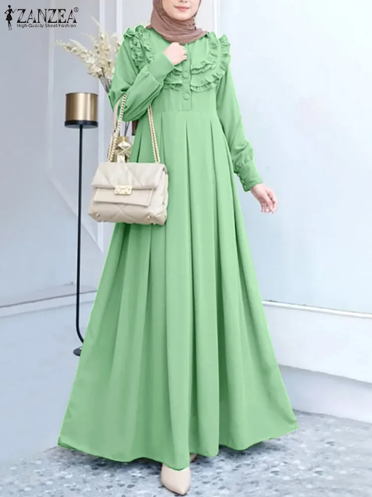 ZANZEA Long Sleeve O-Neck Solid Dubai Islamic Clothing Women Muslim Ruffles Dress Femme Elegant Casual Loose Holiday Sundress