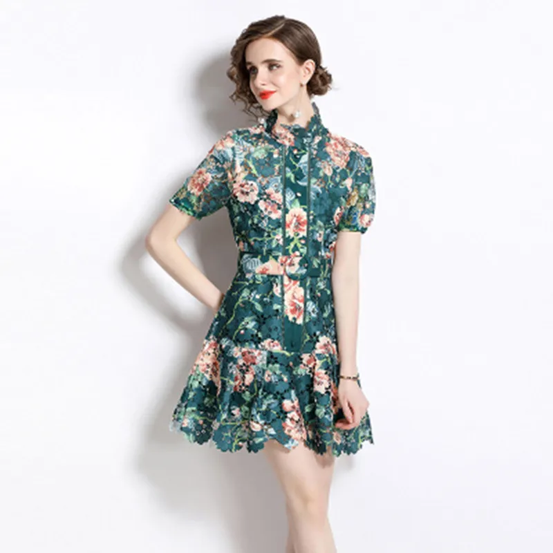 

New Fashion Luxury Design Lace Hollow Out Embroidery Dress Women Summer O-Neck Bubbly Short Sleeve Printing DressFemale Clothing