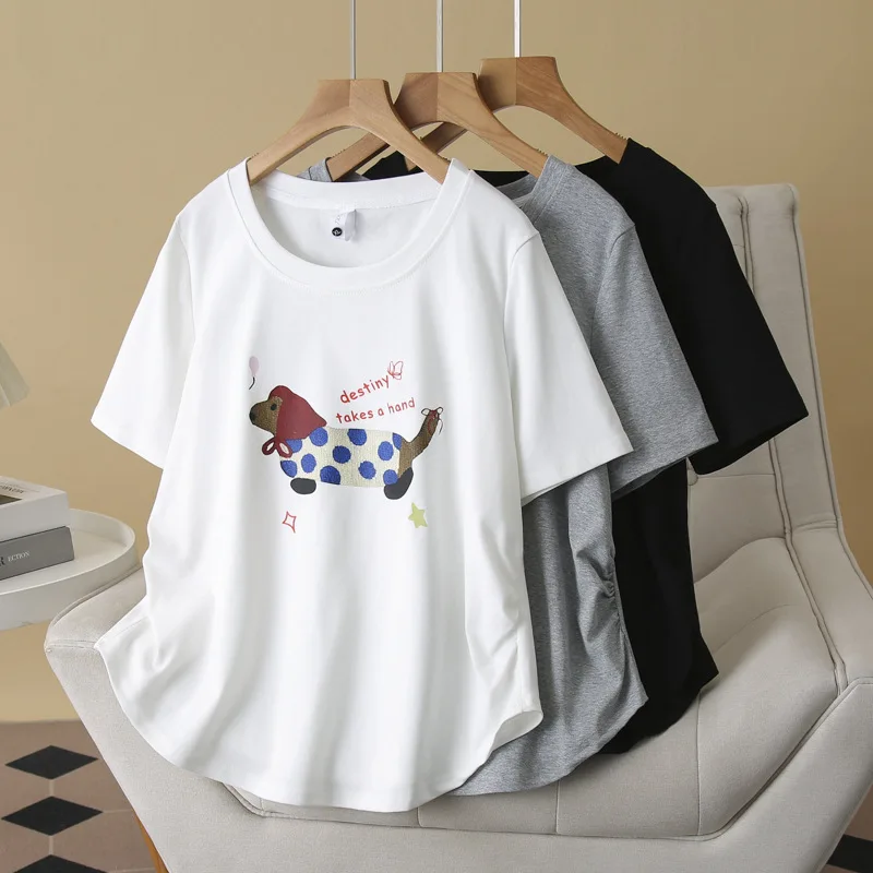 Plus Size Tops Summer New100kg Leisure Fold Waist Printed Dog Short Sleeve Women's T-Shirt