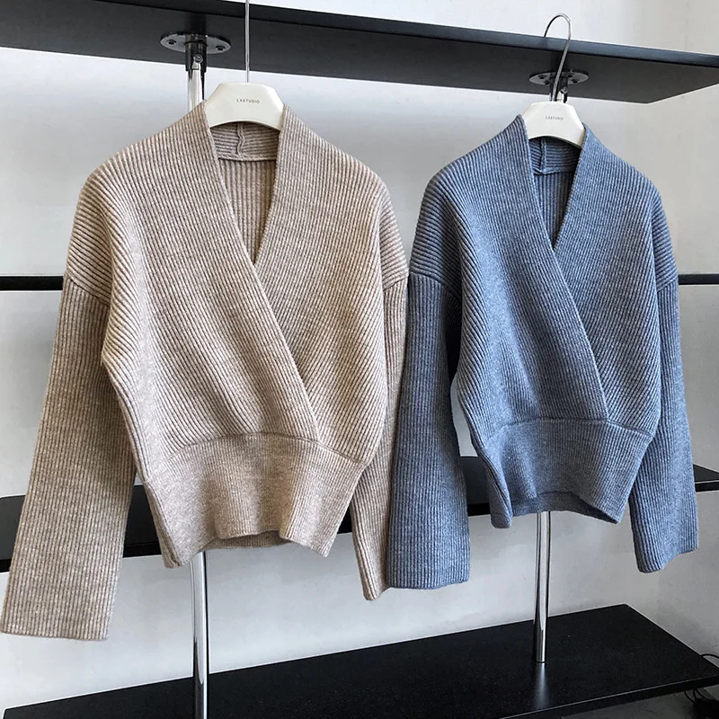 Autumn Winter Cross V-neck Wrap Short Knit Sweater Women Short High Waist Long Sleeve Solid Color Tops