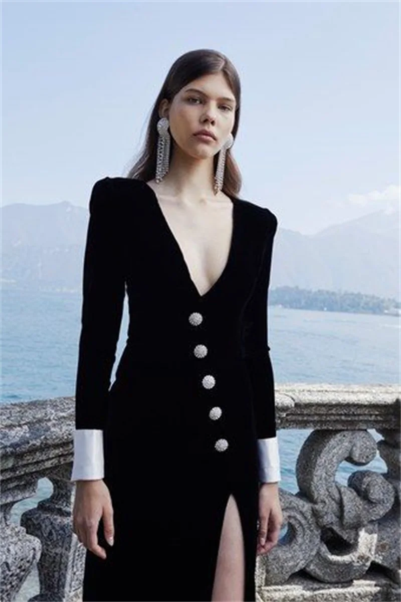 

Black Women Suits Blazer Long Jacket Velvet Red Carpet Maxi Prom Dress Sexy V Neck Stitching Color Lady Coat Outfit Customize